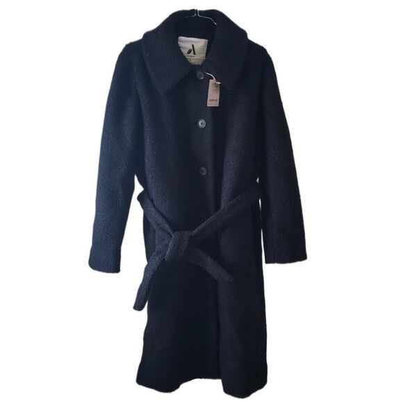 New Women's Relaxed-Fit Recycled Polyester Black Sherpa Long Coat - Picture 1 of 3